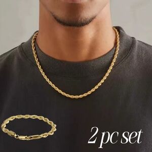 18k Gold Stamped Elegant Gold 4mm Rope Necklace 24" & Bracelet Unisex